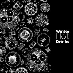 Hot drinks. Mulled wine, winter hot drink. Hand drawn sketch. Vector illustration. Christmas invitation design template. Sketch collection. Christmas bar menu. Mulled wine, coffee and tea.