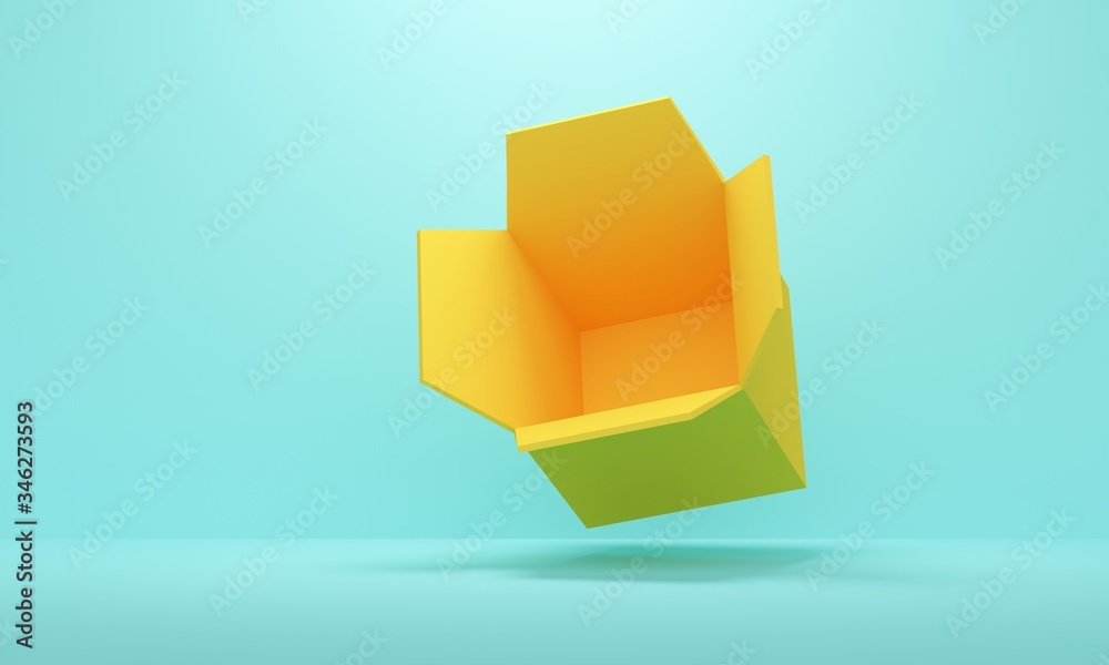 Poster blue studio background with yellow empty open box. 3d rendering