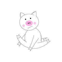 The piglet does exercises, goes in for sports. Coloring Book for kids. Colouring pictures with cute 
pig. Outline vector animals illustration. Isolated cartoon adorable character.