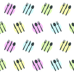 Seamless pattern - forks, spoons and knives in circles. Restaurant pattern. Vector illustration.
