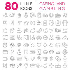 Casino and gamble set. Collection of vector line icons with elements for mobile concept and web app. Icons of slot machine, roulette, playing cards, dice, poker and more. Design with editable stroke.