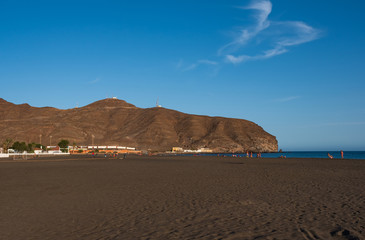 Beach in Gran Tarajal at sunset, Canary Island Fuerteventura, Spain. October 2019