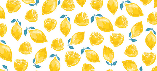 Summer pattern with sliced lemons. Vector illustration. Watercolor lemon fruit with leaves pattern on dark background. Lemon citrus tree.  - obrazy, fototapety, plakaty