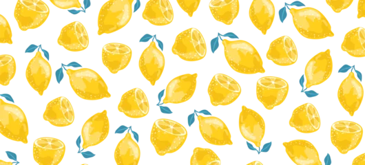 Fotobehang Summer pattern with sliced lemons. Vector illustration. Watercolor lemon fruit with leaves pattern on dark background. Lemon citrus tree.  © OlenaHalahan
