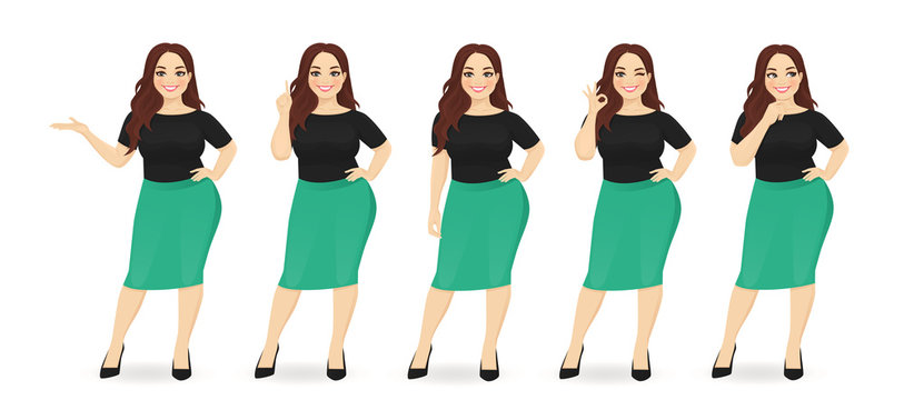 Young happy beautiful plus size woman wearing business style clothes in different poses isolated vector illustration