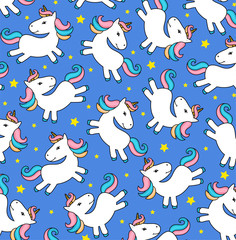Vector pattern with cute unicorns. greeting card, Vector seamless pattern with cute cartoon unicorns. Wrapping paper or fabric.