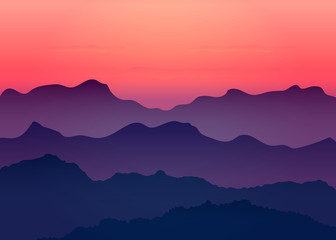 Beautiful dark gradient purple mountain landscape with fog and forest. Sunrise and sunset in mountains. Red sunset in mountains landscape. Vector illustration background