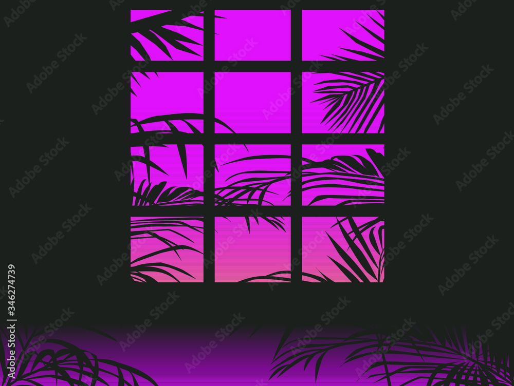 Poster view on window with pink neon light and coconut palm trees or ferns around. lounge atmosphere of tro
