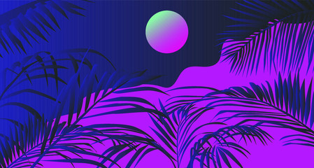 Fototapeta na wymiar Sunset above the ocean, landscape with coconut palm trees or ferns. Lounge atmosphere on vacations. Vaporwave and retrowave style illustration for print or cover.