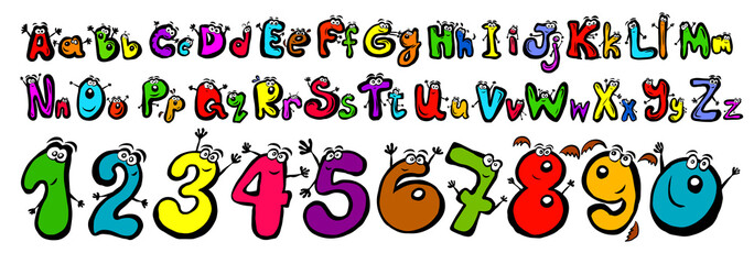 Children's fun alphabet with eyes. Funny multi-colored numbers. Vector illustration