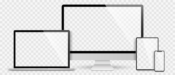 Fototapeta premium Realistic set computer, laptop, tablet and smartphone. Device screen mockup collection. Realistic mock up computer, laptop, tablet, phone with shadow- stock vector.