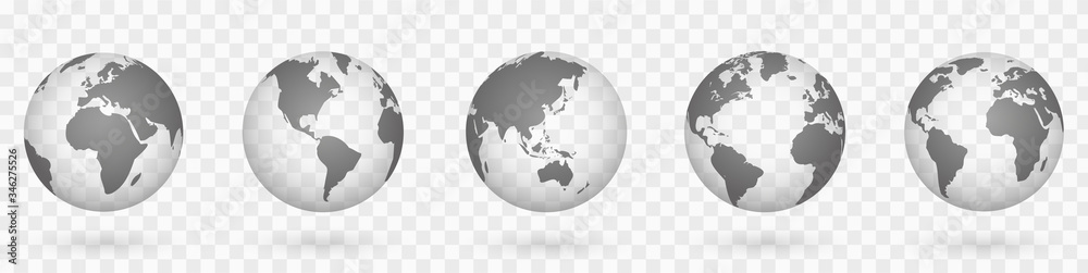 Poster globes of earth 3d set. realistic world map in globe shape. world maps realistic with shadow on tran