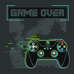 Game over Gamepad poster. Gamer joystick illustration with pixels text and military background print for boy t shirt design. 