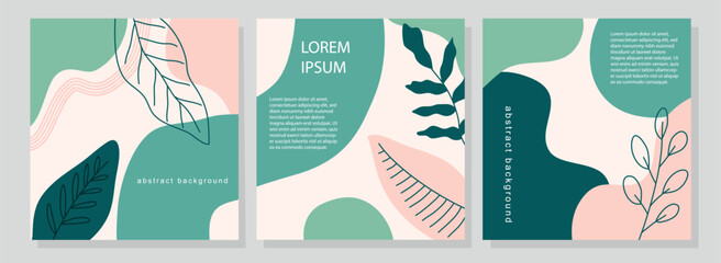 Set of three stories pastel shades templates with abstract botanical and organic shapes pink and green. Universal templates for invitation. Greeting cards, flyers, newsletter, branding design, covers.