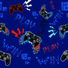 Abstract seamless pattern with gamepads with slogans on endless dark blue background with digital elements end dots. Grunge gaming repeat print for sport textile, fashion clothes, wrapping paper. © Kseniia Koval