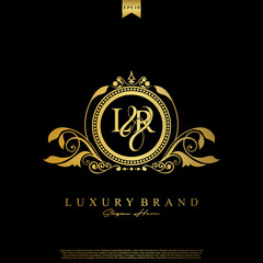 Logo Initial letter LR luxury vector mark, gold color elegant classical symmetric curves decor.