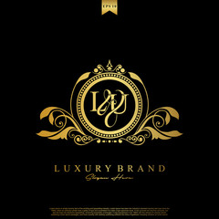 Logo Initial letter LU luxury vector mark, gold color elegant classical symmetric curves decor.