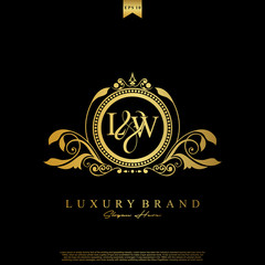 Logo Initial letter LW luxury vector mark, gold color elegant classical symmetric curves decor.