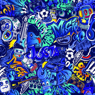 Abstract seamless graffiti comics pattern. Urban street art repeat print for fashion textile, sport clothes, wrapping paper. Teenagers endless ornament drawing in cartoon style.