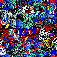 Abstract seamless graffiti comics pattern. Urban street art repeat print for fashion textile, sport clothes, wrapping paper. Teenagers endless ornament drawing in cartoon style. © Kseniia Koval