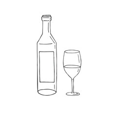 Vector hand drawn doodle sketch wine bottle and glass isolated on white background