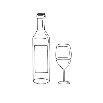 Vector hand drawn doodle sketch wine bottle and glass isolated on white background