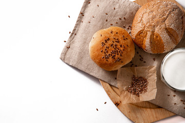 Homemade bread on the white background. With copy space for text