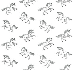 Vector seamless pattern of hand drawn doodle sketch running unicorn isolated on white background