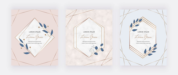 Botanical design cards with geometric marble frames and blue leaves. Trendy templates for wedding invitation, greeting, banner, flyer, poster, save the date
