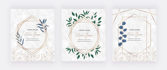 Botanical design cards with geometric marble frames and blue and green leaves. Trendy templates for wedding invitation, greeting, banner, flyer, poster, save the date
