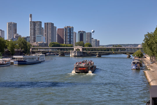 View of the River Seine as it passes through the city of Paris, France.