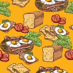 Vector seamless sketch toast with egg and bacon