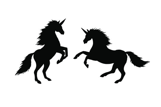 Vector black sketch two unicorn silhouette isolated on white background