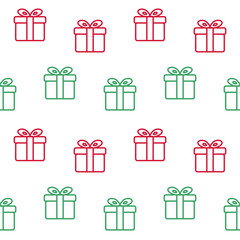 Gift box seamless pattern. Line art. Green and red on white background. Christmas, New Year, holidays, birthday background. Vector illustration.