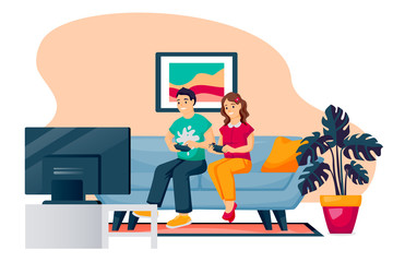 Kids play in video game. Little boy and girl with gamepads sit on sofa in playroom in front of TV. Vector illustration