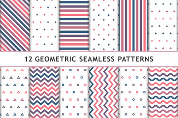 Set of 12 geometric seamless patterns. Blue, purple, pink and white colored. Dots, cubes, triangles and lines.  Can be used for textile print, wrapping papers etc. Vector illustration.