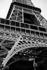 Bottom view of the Eiffel tower in black and white