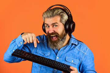 Blogger create content. support, call center and customer service help desk. gamer playing computer...