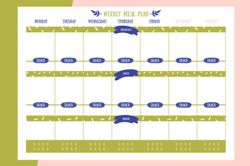 Week meal planner, daily food plan. Diet diary list, weekly organizer, A4 printable page