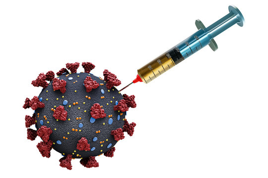Coronavirus or covid virus cell with a syringe or needle containing medication drug in it isolated on a white background. Vaccine against viral infection, pandemic concept. 3D rendering illustration.
