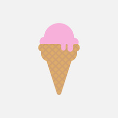 Pink ice cream cone. Flat design. Melting ice cream. Isolated on white background. Vector illustration.