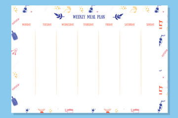 Week meal planner with doodle icons, daily food plan. Diet diary list, weekly organizer, A4 printable page
