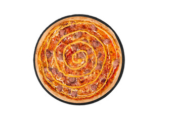 Salsiccia pizza with beef sausages, mozzarella, various sauces and marinated red onions on a slate platter, isolated on white background with clipping path, top view