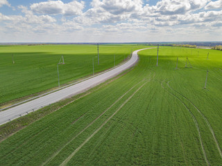 Aerial drone photo. Road among the green fields.