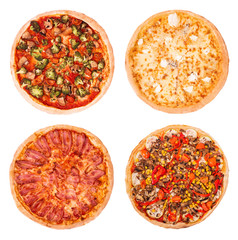 A set of four tasty pizzas, isolated on a white background, top view. Veggie pizza, quattro formaggi, pizza with bacon and pizza with mushrooms, corn, cherry tomatos, courgettes and bell peppers