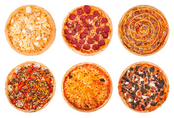 Fototapeta na wymiar Set of the best Italian pizzas isolated on white background. Pizza quattro formaggi, pizza with salami, pizza Salsiccia,Veggie pizza, Margherita and pizza with feta, spinach and olive