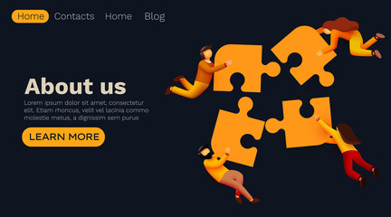 Business solutions concept, workflow flying people and interaction with puzzle pieces icons. Landing page template.