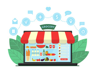 Fototapeta premium Online Grocery Shopping Concept. Supermarket in laptop with online ordering and delivery icons. E-commerce online store. Shop showcase product shelving shelf on laptop screen. Flat vector illustration