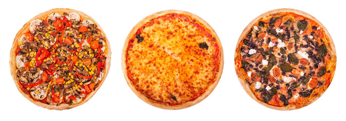 Set of different kind of pizza like Vegetarian pizza, pizza Margherita and pizza with feta, cherry tomatoes, spinach and olive, isolated on white background, top view