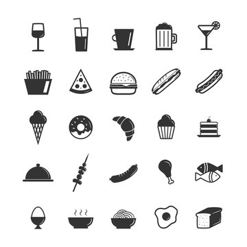Food icon set - black and white. Restaurant menu icons. Vector illustration. Web - application collection